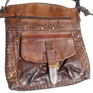 Brown Braided Leather Crossbody Bag Made India Adjustable Front Pocket Buckle